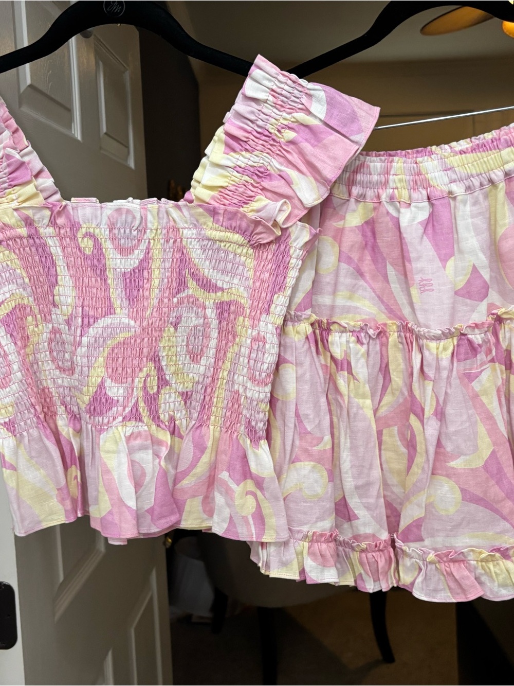 Hill House Pink and Pale Yellow Smocked Ruffle Top and skirt SET